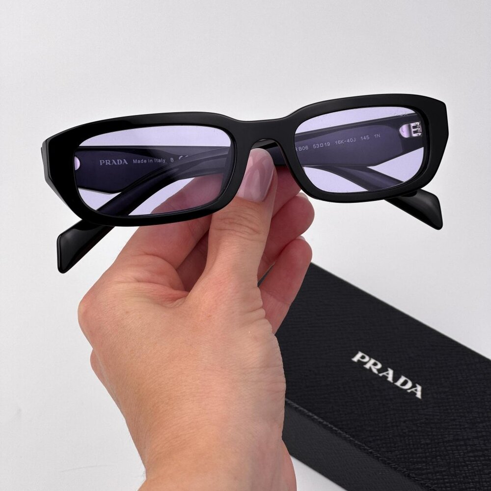 Prada PRB06S Rectangle Sunglasses – Black Frame Violet Lenses | Model 16K40J